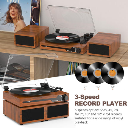 Udreamer Record Player with 2 Dual Stereo Speakers, Vintage Record Player Bluetooth 5.3 Supports 3 Speeds, AUX-In, RCA Line, USB, Wireless Playback, Brown