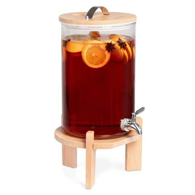 Navaris 7L beverage dispenser with stainless steel tap - Glass water dispenser with beech wood stand - Dispenser made of heat-resistant borosilicate glass