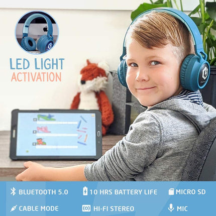 PowerLocus laste kõrvaklapid Bluetooth, laste kõrvaklapid 85db helitugevuse piirajaga LED-valgusega, kokkupandav HD stereo, juhtmevaba ja juhtmega, sisseehitatud mikrofon mobiiltelefoni, tahvelarvuti, arvuti ja teleri jaoks