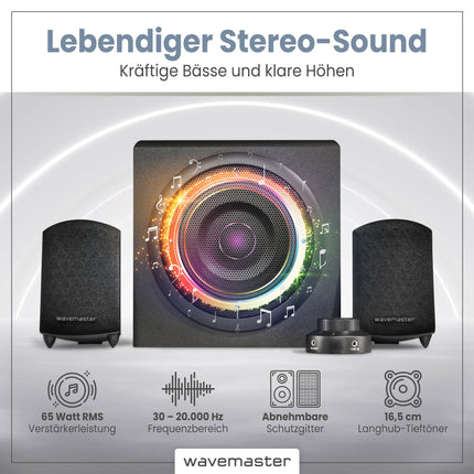 Wavemaster MOODY 2.1 Speaker System (65 Watt) Active Speakers for TV/Tablet/Smartphone/PC Black (66202)