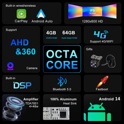 YUNTX [PX6-4G+64G] Android 14 autoraadio Hyundai i30 (2017-2019) mudelile - 9-tolline IPS 2 DIN puuteekraan - kaameraga - DAB/GPS/HDMI/4K/roolil juhtimine/CarPlay/WiFi/Bluetooth 5.0/MirrorLink