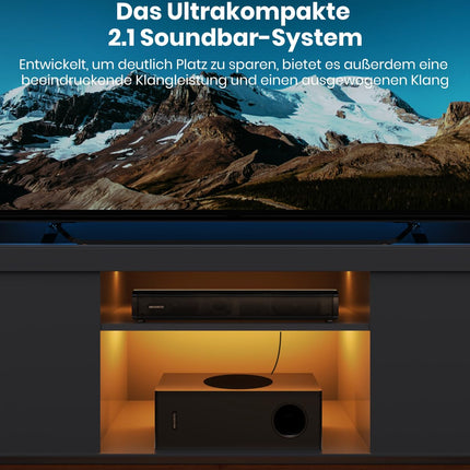 Teleri heliriba subwooferiga, arvutile, mängudele, 2.1 kanalit MEVOSTO 2025, täiustatud teleri heliriba, sügav bass, arvuti helisüsteem, BT 5.3/USB/HD-ARC/optiline/AUX bass ja kõrged toonid, reguleeritav, kodukino