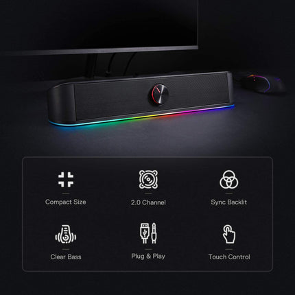 Redragon GS560 Adiemus RGB lauaarvuti heliriba, 2.0-kanaliga arvutikõlar dünaamilise valgusribaga, heli ja valguse sünkroonimine/ekraan, puutetundlik taustvalgus helitugevuse reguleerimisega, USB-kaabel