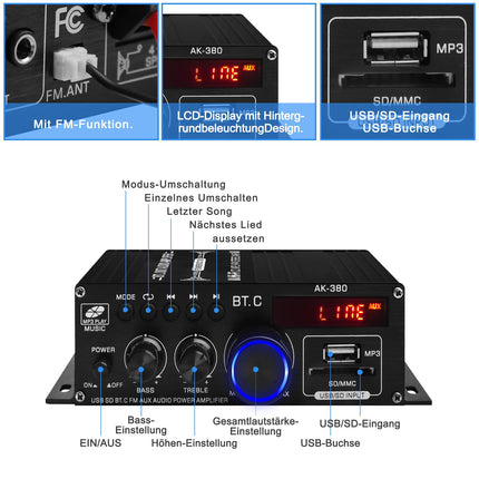 AK-380 Bluetooth 5.0 HiFi Amplifier 2.0-Channel 40W x 2 Max. 400W Mini Amplifier Stereo Audio Power Amplifier Receiver with USB SD Slot, FM Radio for Car and Home Speakers