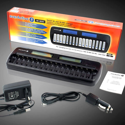 everActive laadija 16 AAA AA patareile, kiirlaadimine - 4 tundi akukomplekti, LCD-ekraan, värskendusrežiim, autoadapter, mudel: NC-1600