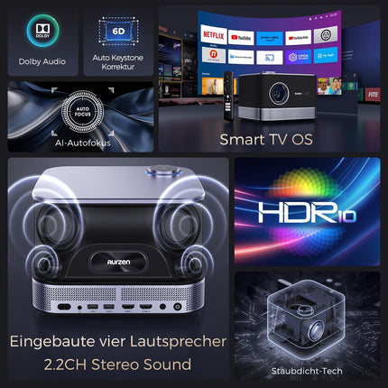 Projector with Official Netflix 3D Dolby Audio, AURZEN Boom 3 Projector 4K Autofocus/Keystone Correction Projector, HDR 10 60Hz WiFi6 Bluetooth, 1080P Full HD Projector Home Theater, Video LED Smart Projector Outdoor