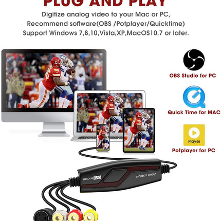 DIGITNOW! Video Grabber teisendab Hi8 VHS-i digitaalsele DVD-le Windows 10 / Maci jaoks, videokaart Scart / AV-adapteriga, ühe puutega videosalvesti - redigeeri, salvesta ja kirjuta DVD-le
