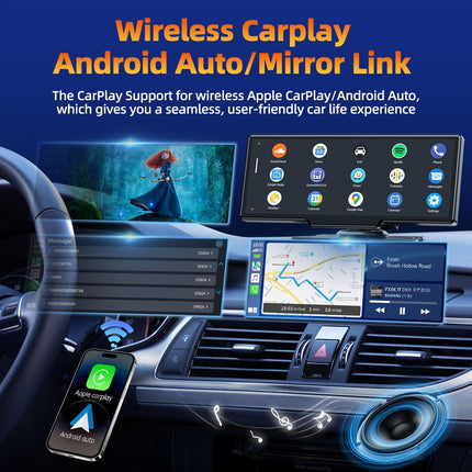 Volam 9,26-tolline Carplay ekraan 2,5K armatuurlauaga auto esikaameraga, 1080P tahavaatekaameraga, juhtmevaba Apple Carplay ja Android Autoga, Mirror Linkiga, navigatsiooniga, Google'i, Siri, FM-i, AUX-ühendusega, tsükkelsalvestusega, 64 GB SD-kaardiga