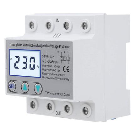 230V/400V AC reguleeritav pingekaitse STVP-932 3-faasiline LCD multifunktsionaalne iselähtestuv ülepingekaitse (80A)