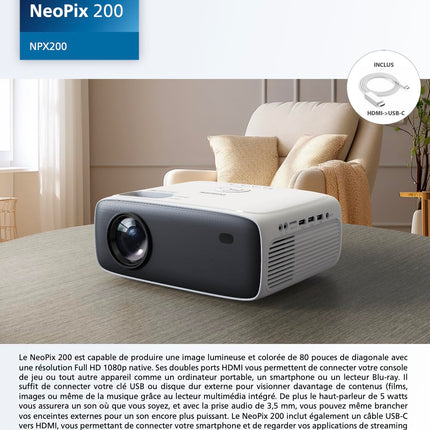 Philips NeoPix 200, projektor Full HD 1080p, kõrge kontrastsus, mitu pildikorrektsiooni paindlikuks paigaldamiseks, mitu HDMI-porti
