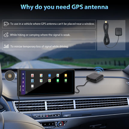 CARPURIDE juhtmevaba CarPlay ja Android Auto 4+64 GB, võrguühendusega ja võrguühenduseta GPS, G00GLE Play, Netflix, Mirror Link, Bluetooth, GPS-antenn, tahavaatekaamera, täisekraan 10,26", ekraanipind 9,3".