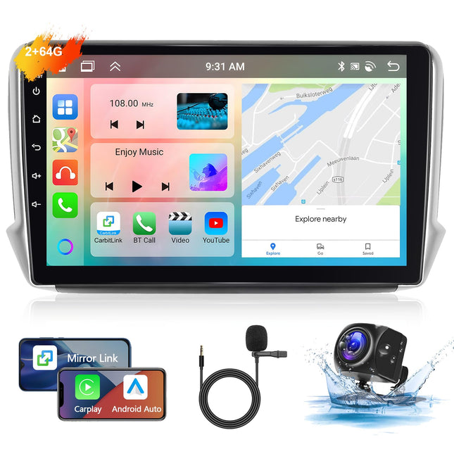 Podofo Car Radio for Peugeot 208/2008 2012-2018 with Wireless Carplay Android Auto, 10.1 inch IPS Touchscreen, 8 Core 2+64G, Android Car Radio with Bluetooth/WiFi/Mirror Link/GPS+Rear View Camera