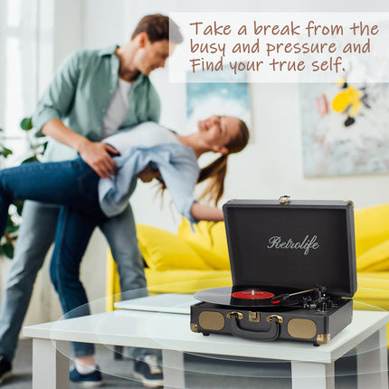 Vinyl Record Player 3-Speed ​​33/45/78 RPM Bluetooth Case Portable Record Player with Belt Drive and Built-in Speakers RCA Line Out AUX in Headphone Jack Vintage Turntable