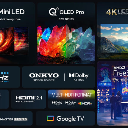 TCL 65Q10B 65-tolline QLED PRO MiniLED-teler, 4K UHD, 4K HDR Premium 3300 nitti, nutikas Google TV 144Hz Motion Clarity Pro ja Onkyo 2.1.2 Dolby Atmos heliga