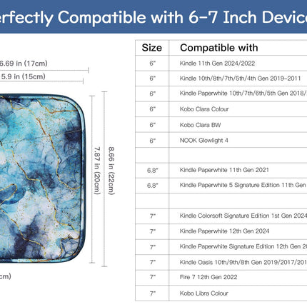 Vinabilia 6-7 inch Sleeve Case for 7" The New Kindle Paperwhite and Kindle Colorsoft Signature Edition, 6" Kindle 11th Gen, 6.8" Kindle Paperwhite, Kindle Oasis E-Reader, Marble Blue