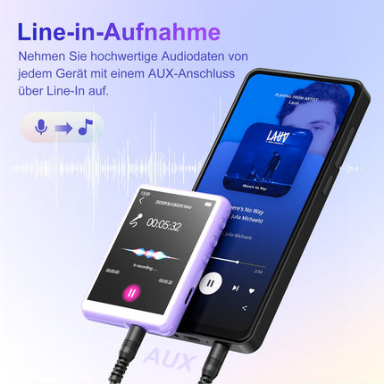 MECHEN Bluetooth 5.3 MP3-mängija puutetundliku ekraaniga, 64 GB MP3-mängija kõlariga, HiFi-heli, FM-raadio, muusika, video, e-raamatud, diktofon, kaitseümbris kaasas