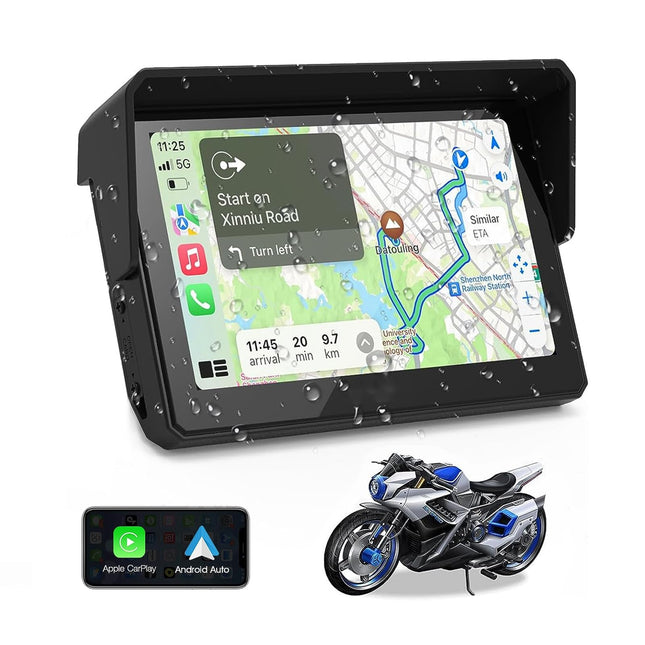 CARabc Apple CarPlay&amp;Android Auto 5 inch Motorcycle IPS Touchscreen, GPS Navigation Device/Portable Wireless/IPx7 Waterproof Anti-theft, Support for Siri/Google Assistant.