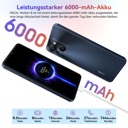 OSCAL Modern 8 Smartphone without contract 256GB+16GB/1TB, 6.75" HD+ 90Hz mobile phone, Octa-core Android phone 2Ghz, 50MP+8MP, 6000mAh/18W fast charging, Fingerprint/Face ID, Dual SIM/WiFi5G/BT5.0/OTG - Black
