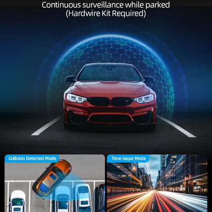 WiFi Dashcam Car Front Rear, 4K+1080P, Car Camera, App Control Car Camera with 64G SD Card, 170°+140° Ultra Wide Angle, Mini 1.47 Inch, Night Vision, WDR, G-Sensor, Loop Recording, Parking Monitoring