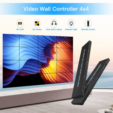 Videoseina kontroller 4x4 4K videoseina kontroller 24 liitmisrežiimiga RS232, 180° pööramine, heli ekstraktor HD multimeediumiliides videoliitija toetab 1 sisendit ja 16 väljundit