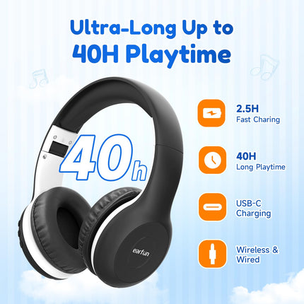 EarFun Bluetooth kõrvaklapid lastele, 85/94dB helitugevuse reguleerimine, HiFi heli, HD mikrofon, 40 tundi aku tööiga, kokkupandavad, reguleeritavad, juhtmevabad Bluetooth kõrvaklapid lastele kooli/reisimiseks/arvuti jaoks, mustad