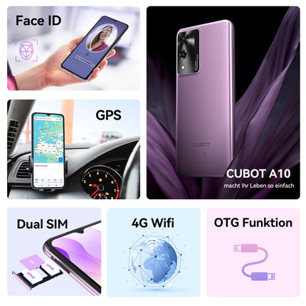 CUBOT A10 mobiiltelefon ilma lepinguta, 12 GB + 128 GB / 1 TB laiendatav, Android 14 nutitelefon, 6,56-tolline ekraan, 5100 mAh aku, 48 MP põhikaamera, kaheksatuumaline protsessor, kahekordne 4G SIM-kaart, OTG, Face ID, GPS, lilla