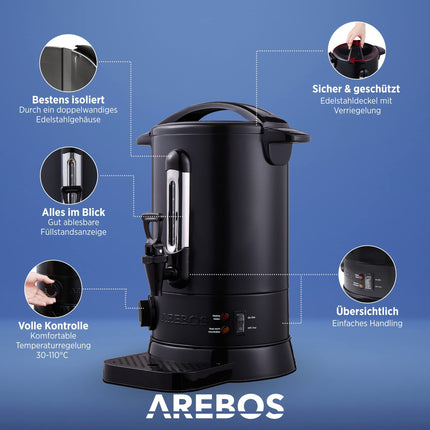 Arebos hõõgveinikann 950 W | Kuumade jookide dosaator | 6,8 L | tilgaaluse, kraani, termostaadi ja ülekuumenemiskaitsega | Temperatuuri reguleerimine 30–110 °C | Must