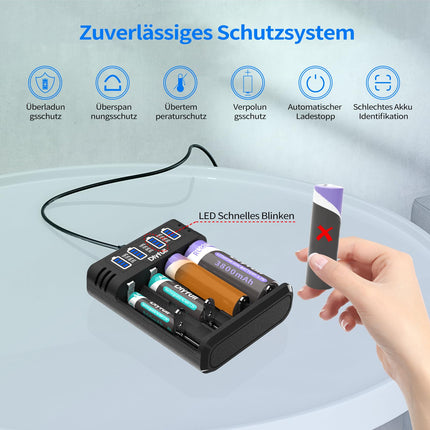Dlyfull 18650 laadija, 4 pesaga universaalne akulaadija LED-ekraaniga, kiire USB-C akulaadija 18650 21700 17500 16340 26650 AA AAA C 3,7 V liitiumioonakude ja 1,2 V NI-MH/NI-CD aku jaoks