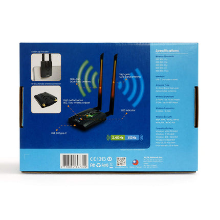 ALFA NETWORK C-tüüpi WiFi USB, pika levialaga kahesageduslik AC1200 traadita USB WiFi-adapter 2x 5DBI välise antenniga - 2.4GHz 300Mbps / 5GHz 867Mbps