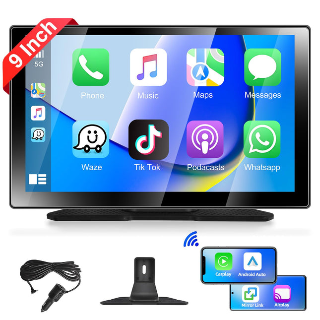 Podofo juhtmevaba CarPlay Android Auto kaasaskantav autostereo 9-tolline IPS puutetundliku ekraaniga autoraadio juhtmevaba automäng, Airplay peegli link/Bluetooth/navigatsioon/hääljuhtimine