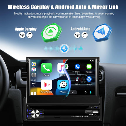 CAMECHO 4+64G 7-tolline autoraadio 1Din juhtmevaba Carplay puutetundliku ekraaniga navigatsiooniga raadio sissetõmmatav manuaalne ekraan tahavaatekaamera Bluetoothi, Android Auto, GPS, WiFi, DSP, FM/RDS, peegli link SWC