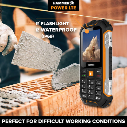 Hammer H Power LTE mobile phone without contract, 2.4-inch color display, robust, mega battery 3100 mAh, (IP68), shockproof, construction site buttons, flashlight, dual SIM, 256 MB keypad phone - black