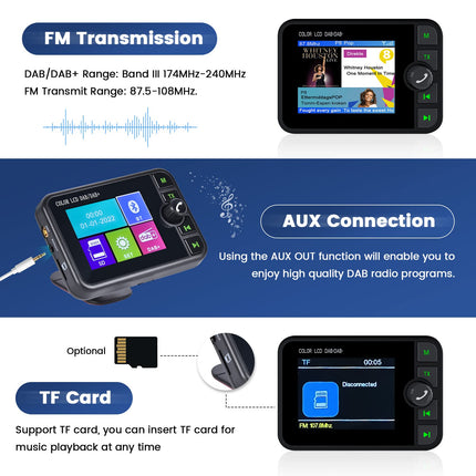 Hikity DAB/DAB+ raadioadapter autoraadiole/kodukasutuseks, 2,4-tolline LCD kaasaskantav autoraadio DAB FM-saatjaga, Bluetooth käed-vabad MP3-mängija, DAB+ digitaalne raadiotuuner TF-taasesituse/Aux-väljundiga
