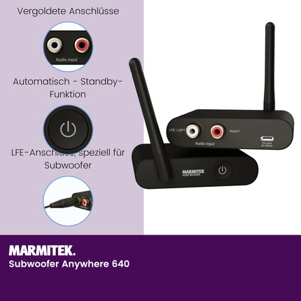 Marmitek juhtmevaba subwooferi edastus Subwoofer Anywhere 640 - Ühenda oma subwoofer juhtmevabalt stereosüsteemiga - 3,5 mm pesaühendus - Juhtmevaba heli saatja