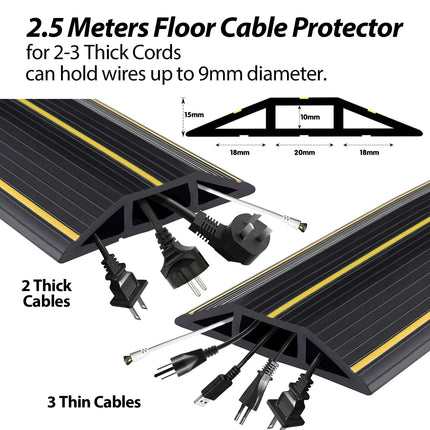 Cable duct floor, 2.5M/8.2 ft cable bridge, robust cable bridge floor with 3 cable ducts, rubber cable protection cable duct floor flat, modular cable hose for garages, boats, simply lay flat