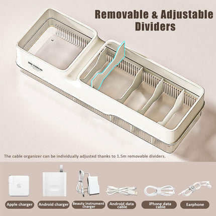 YTACREA Cable Organizer Box with Lid - Double Layer, White Cable Box with Adjustable Compartments, Cable Organizer for Charging Cables, Batteries, Cable Management on the Desk, Cable Management Box, 1 Piece
