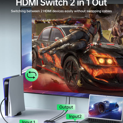 HDMI-lüliti 8K@60Hz 4K@120Hz, lüliti 2 sisendit 1 väljund, HDMI 2.1 lüliti toetab 8K@60Hz, HDCP 2.2/2.3, 48Gbps, 3D, HDR, HDTV/monitori/kaasaskantavate konsoolimängude/PS5/Xboxi jaoks