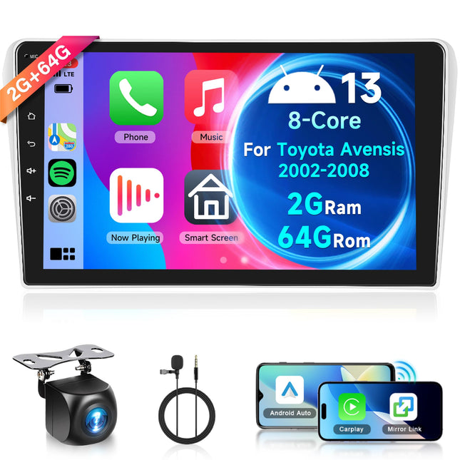 Rimoody 2G+64G juhtmevaba Carplay Android 13 autoraadio 2 DIN Toyota Avensis 2003-2009 9-tollise autoraadio Android Auto Navigation GPS WiFi Mirror Link Bluetooth FM/RDS/DAB/OBD/DVR/EQ/SWC tahavaatekaamera