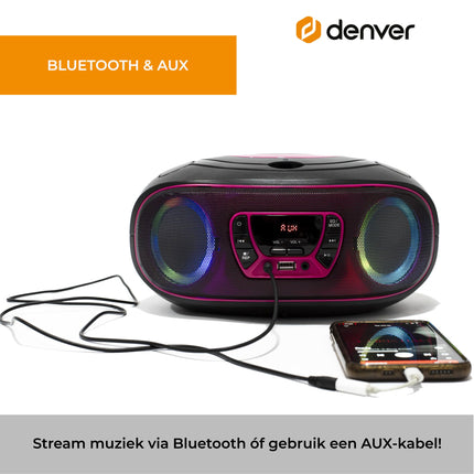 Denver Electronics TCL-212BT CD Radio FM AUX, CD, USB, Bluetooth Mood Light Pink, 111141300011