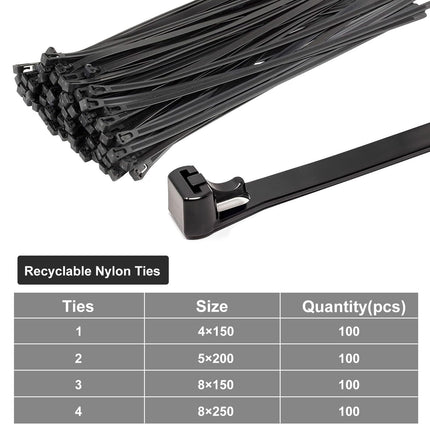 100 lahtikäiva kaablisideme pakis, mustad, 250 mm x 8 mm, vastupidavad, taaskasutatavad nailonist kaablisidemed keskkonnasõbralikeks lahendusteks (mustad)