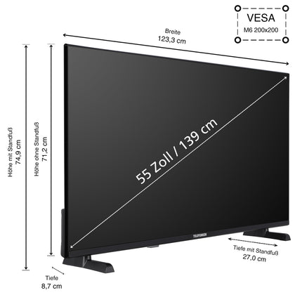 Telefunken QLED-teler 55-tolline nutiteler VIDAA QU55VP750S 4K UHD teler, HDR-teler Dolby Visioni, Dolby Atmose, kolmekordse tuuneri ja 6-kuulise HD+ garantiiga, must LED-teler