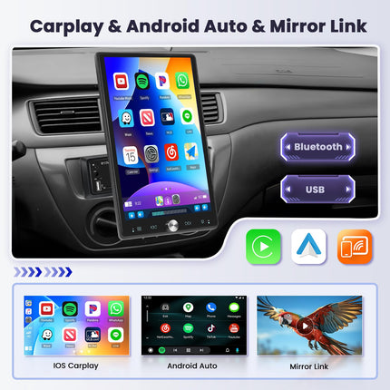 Hikity 10,4-tolline autoraadio, ühe DIN-iga, Carplay, pööratav puutetundlik ekraan, traadita Carplay, Android Auto, Bluetooth, FM, RDS, EQ, SWC, tahavaatekaamera, USB, AUX