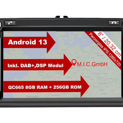 MIC AV8V7-Ultra Android 13 autoraadio navigatsiooniga Qualcomm Snapdragon 665 8G+256G asendaja VW Golf T5 Touranile Passatile RNS RCD Skoda SEATile: SIM DAB Plus BT 5.0 WiFi 2din 8" IPS karastatud klaasist ekraan USB