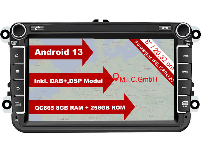 MIC AV8V7-Ultra Android 13 autoraadio navigatsiooniga Qualcomm Snapdragon 665 8G+256G asendaja VW Golf T5 Touranile Passatile RNS RCD Skoda SEATile: SIM DAB Plus BT 5.0 WiFi 2din 8" IPS karastatud klaasist ekraan USB