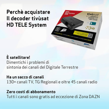 Tele System TS9018HEVC Tivùsat HD Classic satelliitdekooder: juurdepääs enam kui 70 tasuta HD-kanalile, Serie A DAZN Zone'is, automaatsed kanalite värskendused - kiipkaart on kaasas