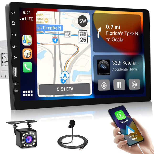 Ohraido CarPlay 1 DIN autoraadio 9-tollise puutetundliku ekraaniga, 1 DIN autoraadio Android Auto raadioga, FM AM USB SWC Mirror Link autoraadio tahavaatekaamera ja mikrofoniga
