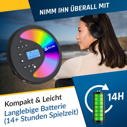 KLIM Discover with headphones + Portable CD player Walkman with long-lasting battery + FM radio + Compatible MP3 CD player + SD card, FM transmitter, Bluetooth + Ideal for cars + Portable CD player