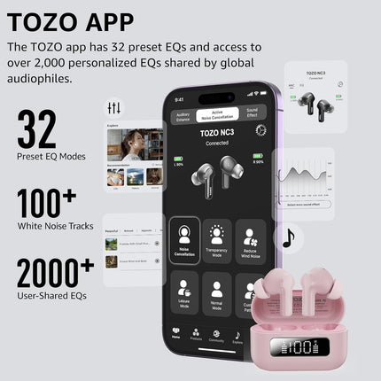 TOZO NC3 kõrvasisesed kõrvaklapid, juhtmevabad Bluetooth 5.3 hübriidse aktiivse mürasummutusega, 6 mikrofoni selgete kõnede jaoks, LED-ekraan, rakenduse juhtimine, 55 tundi taasesitust, IPX8 veekindlus - roosa