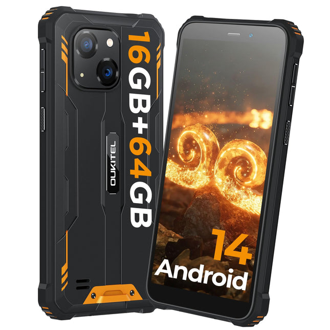 OUKITEL G2 välistingimustes kasutatav nutitelefon ilma lepinguta, Android 14 kaheksatuumaline odav mobiiltelefon, 6300mAh aku, 6" HD+ ekraan, 16GB+64GB mobiiltelefon 4G, IP68 veekindel, 5+13MP kaamera, topelt-SIM, OTG-oranž
