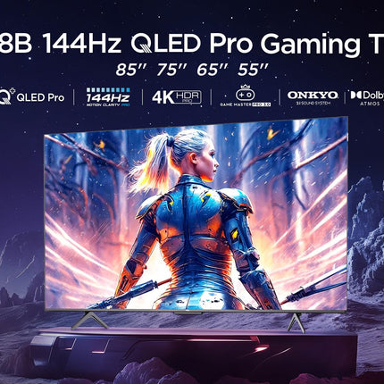 TCL 75T8B 75-tolline QLED Pro 144Hz Onkyo mänguteler, 4K UHD, HDR Pro, Google TV (Dolby Vision IQ ja Atmos, liikumise selgus, käed-vabad hääljuhtimine, ühildub Google Assistant ja Alexaga)